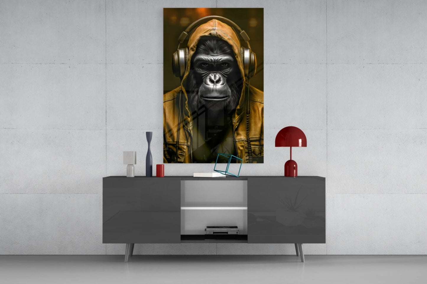 Blue Hoodie Headphones Gorilla Glass Wall Art