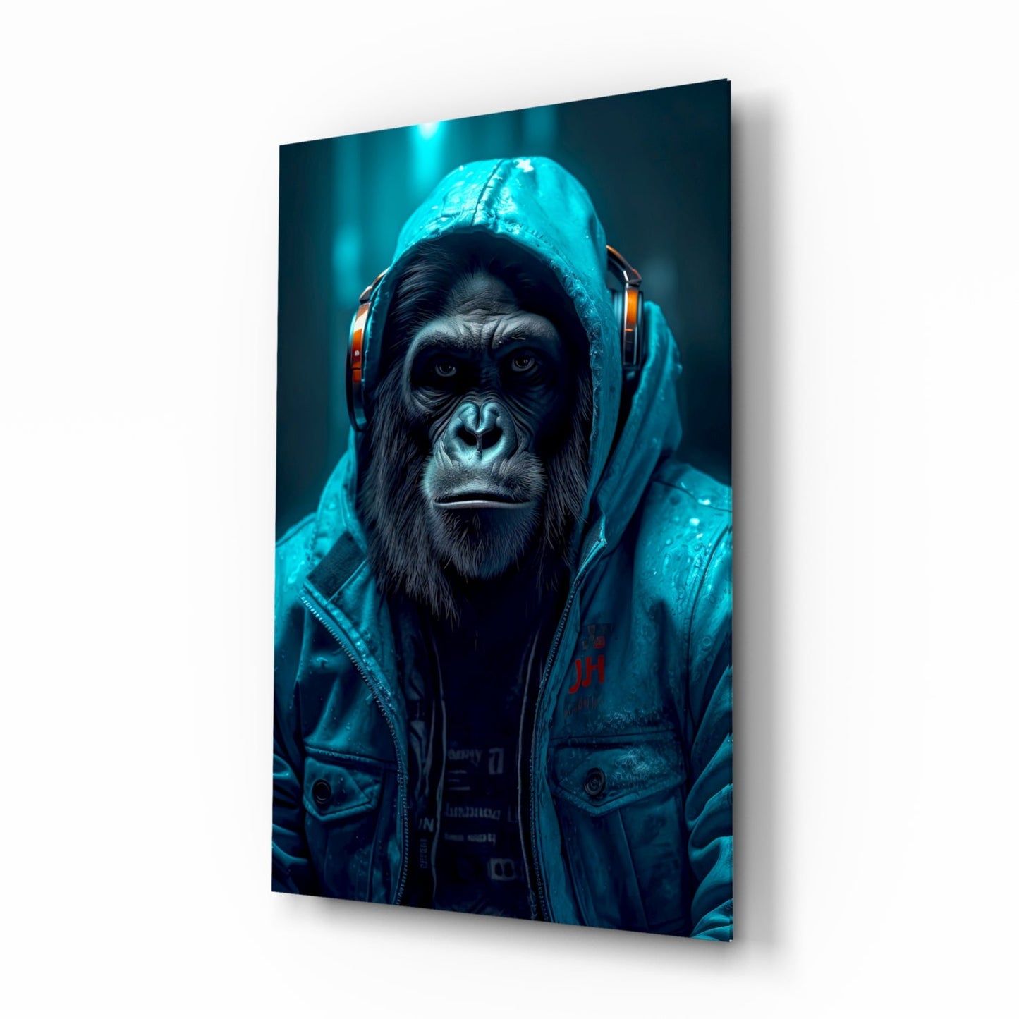 A chimpanzee wearing a blue hoodie and headphones gazes directly at the camera against a dark teal background on a glass wall panel.