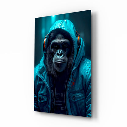 A chimpanzee wearing a blue hoodie and headphones gazes directly at the camera against a dark teal background on a glass wall panel.