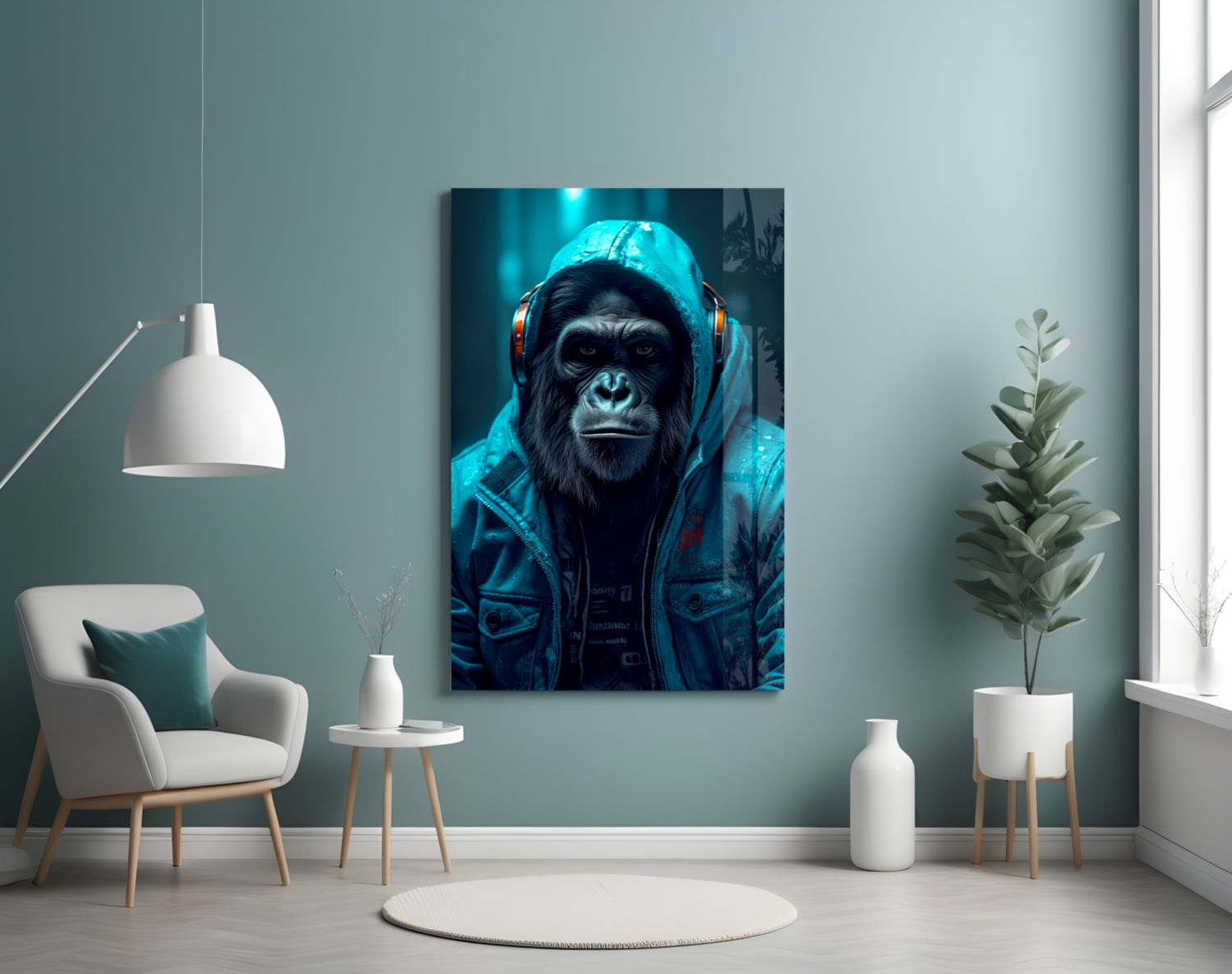 A modern living room displays a glass wall art panel featuring a chimpanzee wearing blue headphones and jacket against a teal-lit background.