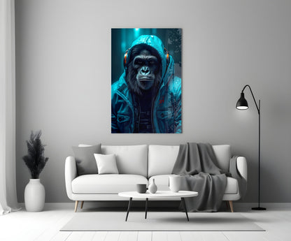 Glass wall art depicting a chimpanzee wearing headphones and a blue jacket against a dark teal background, displayed above a white sofa in a modern living room.