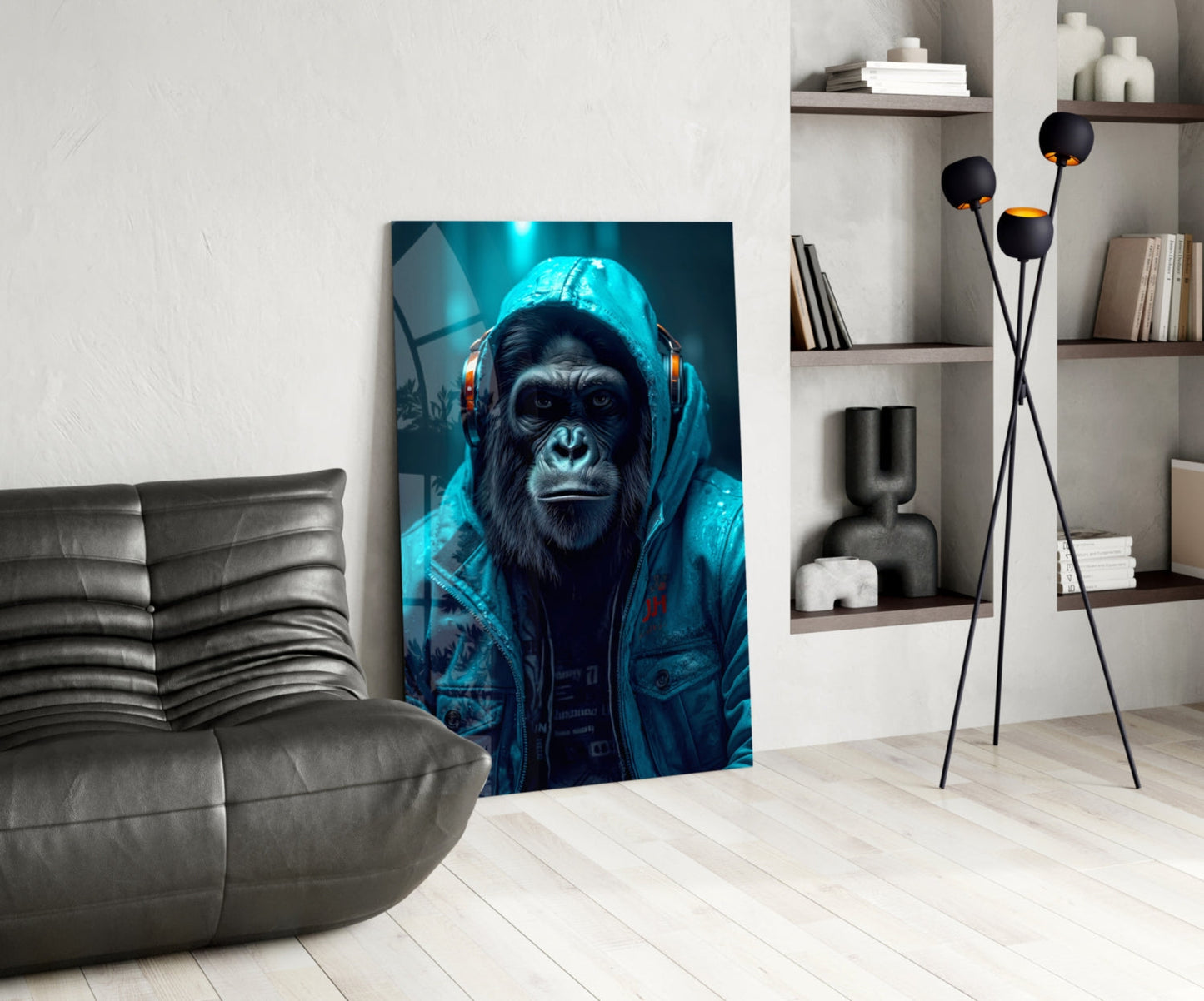 Contemporary living room featuring glass wall art displaying a chimpanzee wearing headphones and blue-tinted hooded jacket against cyan lighting.