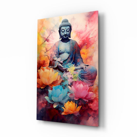 Glass wall art featuring a seated Buddha statue surrounded by colorful lotus flowers in pink, blue, and orange hues against a watercolor background.