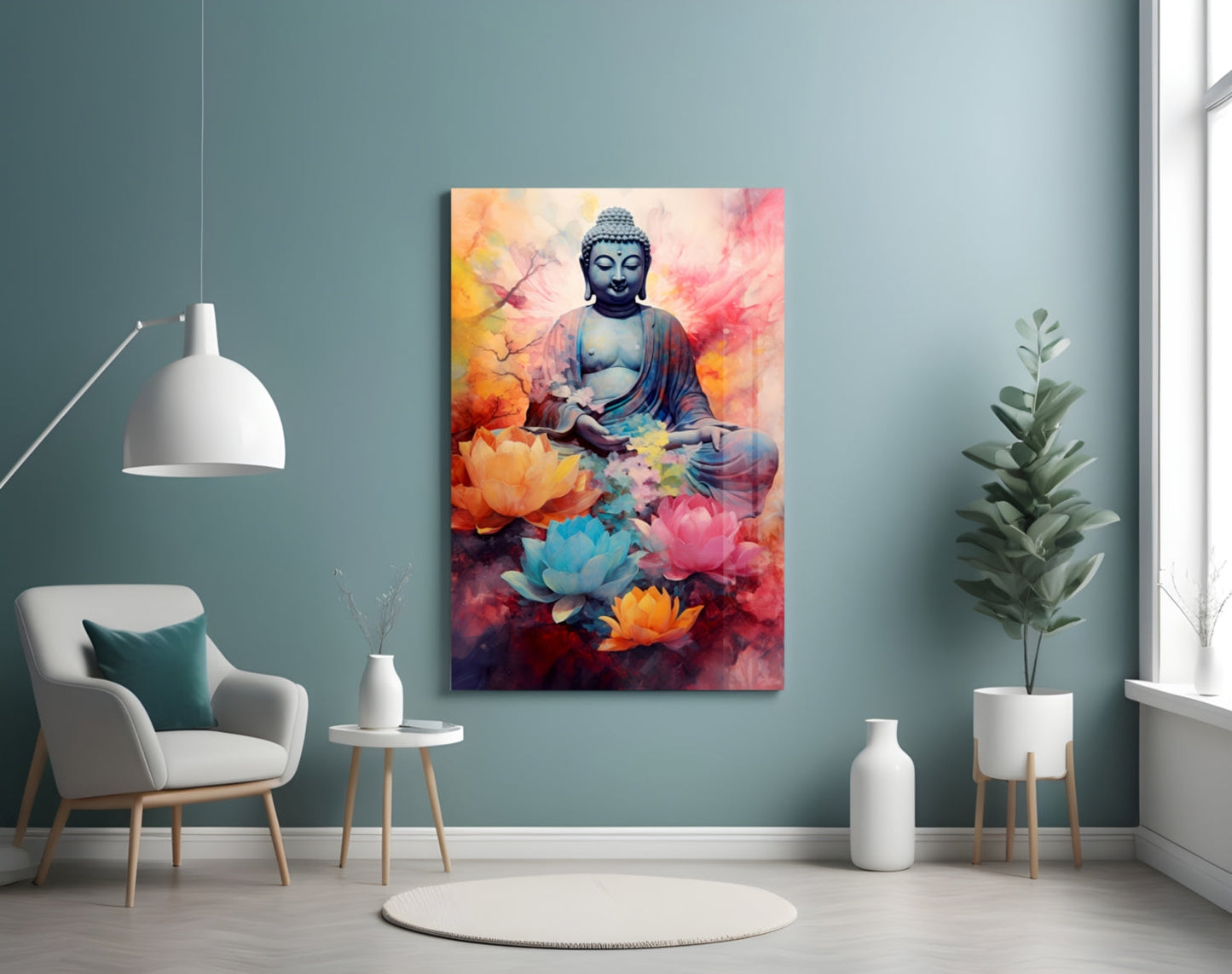 Lotus Blooms Pastel Buddha Glass Wall Art
