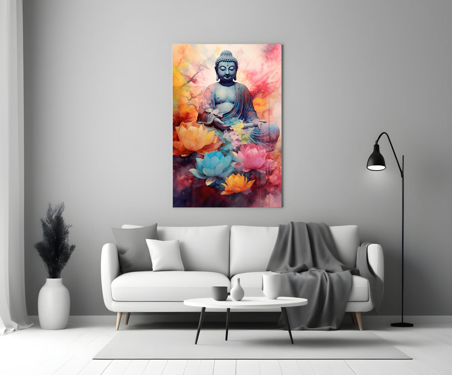 Lotus Blooms Pastel Buddha Glass Wall Art