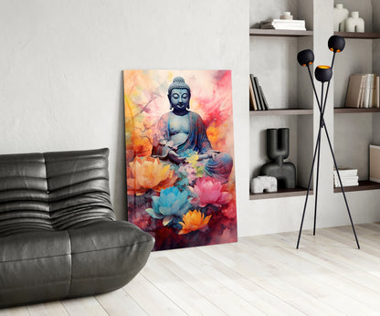 Lotus Blooms Pastel Buddha Glass Wall Art