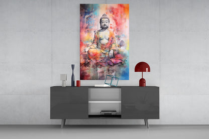 Watercolor Splash Meditating Buddha Glass Wall Art