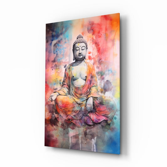 Glass wall art displaying a meditating Buddha figure surrounded by vibrant watercolor splashes in red, orange, yellow, blue, and pink tones, viewed at an angle showing depth and shadow.
