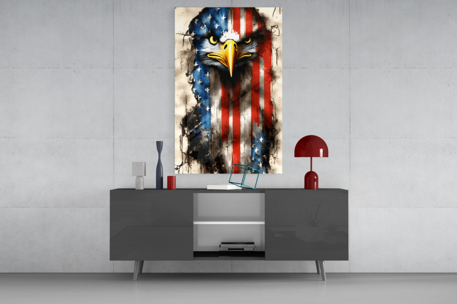 American Eagle Glass Wall Art mounted above gray media console, featuring bald eagle head with American flag pattern in red, white, and blue.