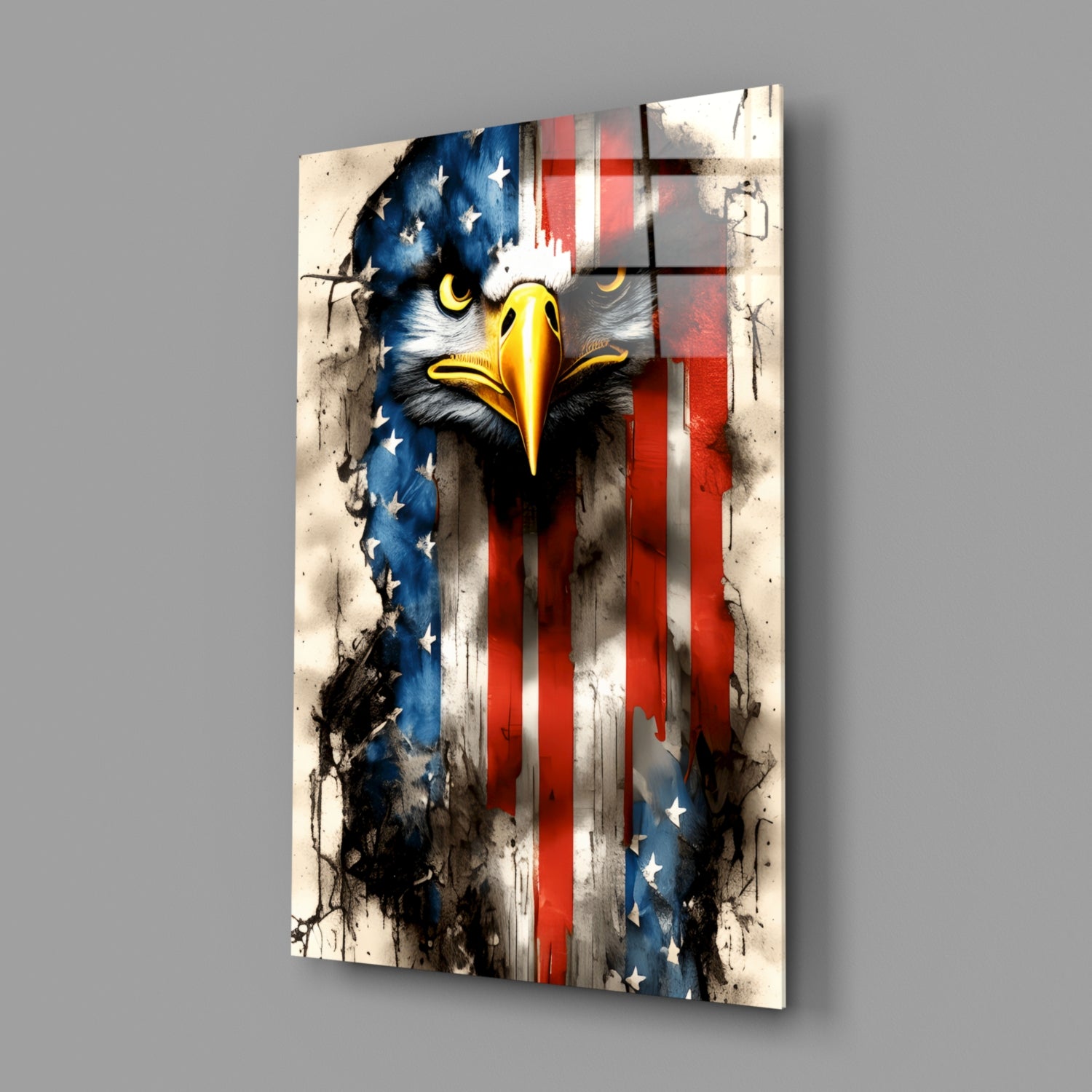 Bald eagle with yellow beak and fierce expression superimposed over distressed American flag design on textured glass panel.