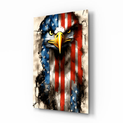 Bald eagle with yellow beak and intense eyes overlaid with distressed American flag stripes on weathered cream background.