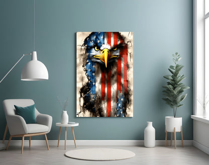 American Eagle glass wall art with patriotic flag design displayed in modern living room with teal walls, white chair, and potted plant.