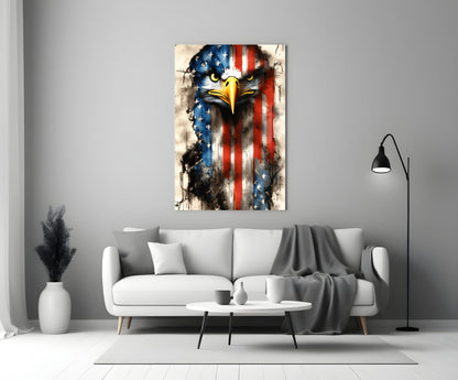 American Eagle glass wall art with patriotic flag design mounted above white sofa in modern living room setting.