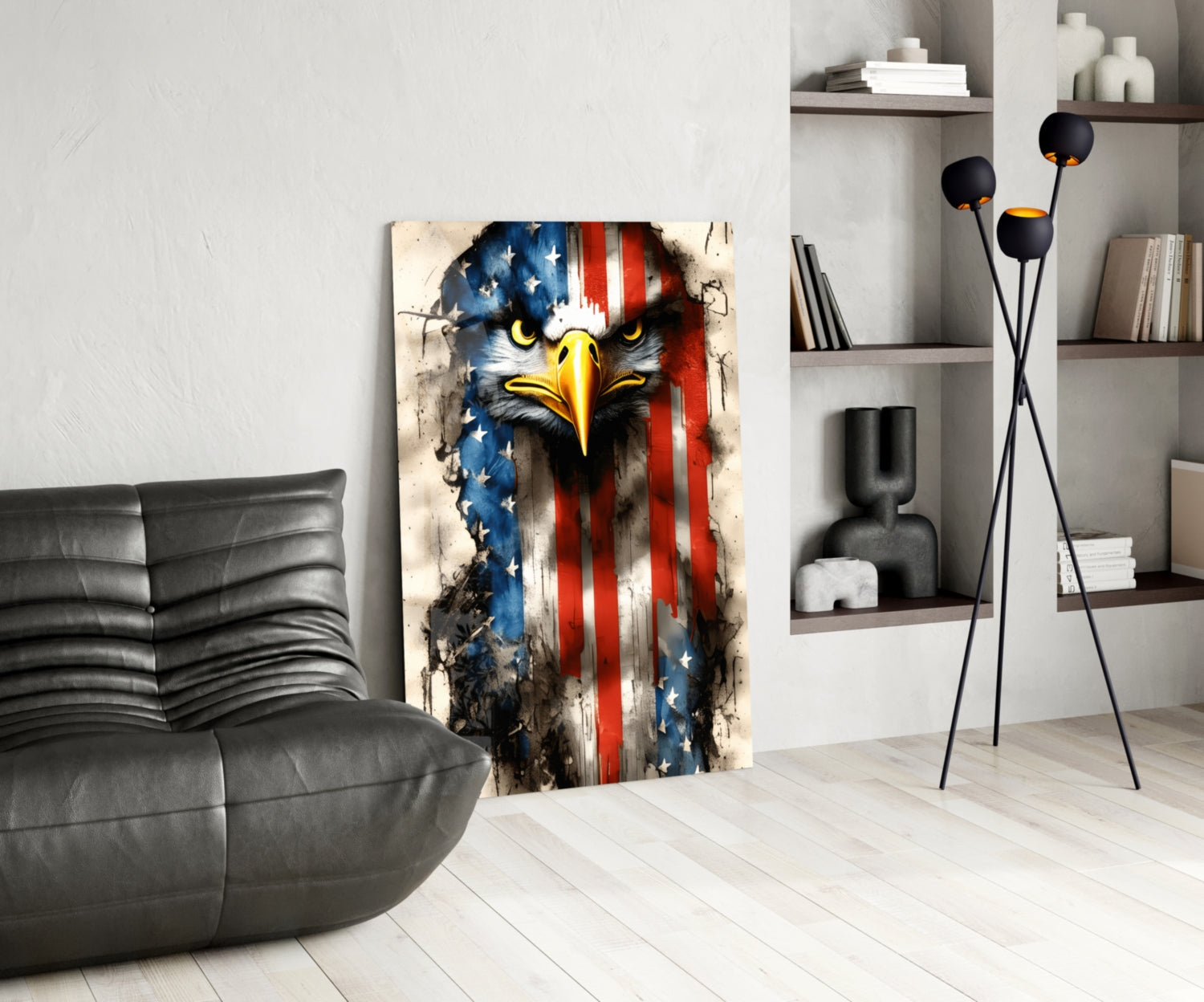 American Eagle glass wall art featuring a bald eagle's head with blue, white, and red patriotic flag stripes, displayed in a modern living room setting.
