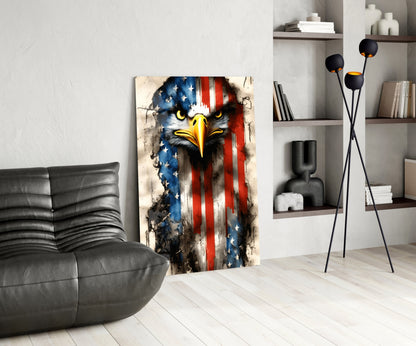 American Eagle glass wall art featuring a bald eagle's head with blue, white, and red patriotic flag stripes, displayed in a modern living room setting.