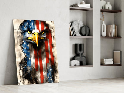 American Eagle glass wall art leaning against white wall beside built-in shelving, featuring bald eagle with yellow beak and American flag pattern in blue, red, and white.
