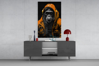 Orange Hooded Gorilla Headphones Glass Wall Art