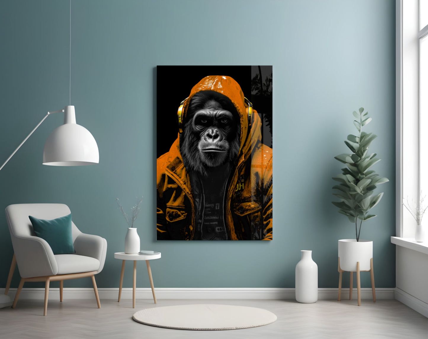 Orange Hooded Gorilla Headphones Glass Wall Art