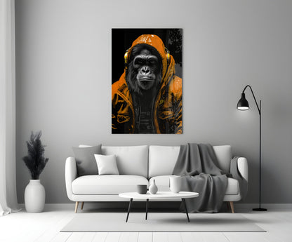 Orange Hooded Gorilla Headphones Glass Wall Art