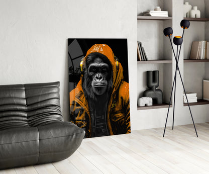 Orange Hooded Gorilla Headphones Glass Wall Art
