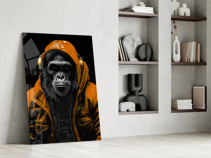 Orange Hooded Gorilla Headphones Glass Wall Art