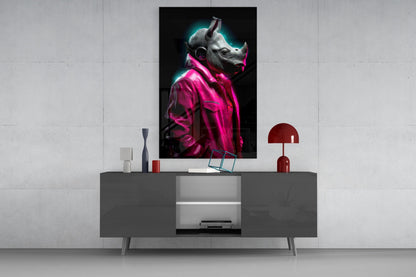 Pink Coat Rhino Neon Glow Glass Wall Art