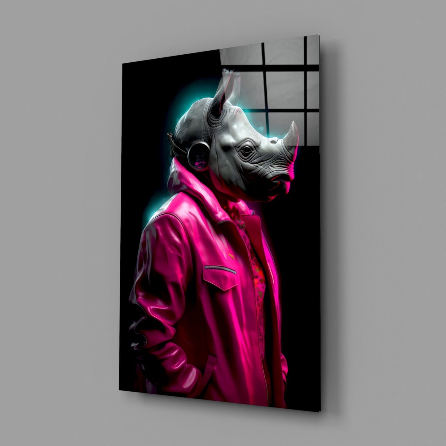Pink Coat Rhino Neon Glow Glass Wall Art