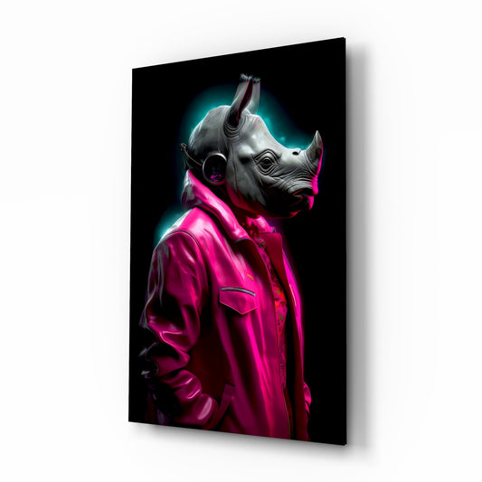 Stylized rhino head wearing bright magenta jacket in profile against black background with cyan and pink neon glow effects on glass panel.