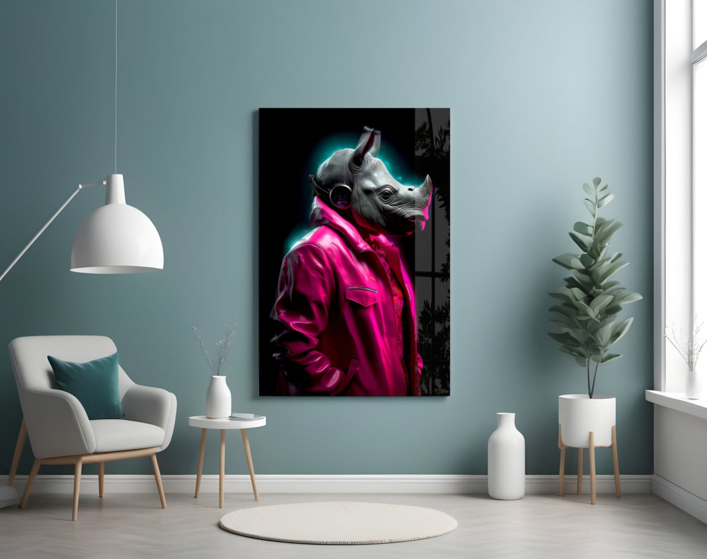 Pink Coat Rhino Neon Glow Glass Wall Art