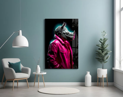 Pink Coat Rhino Neon Glow Glass Wall Art