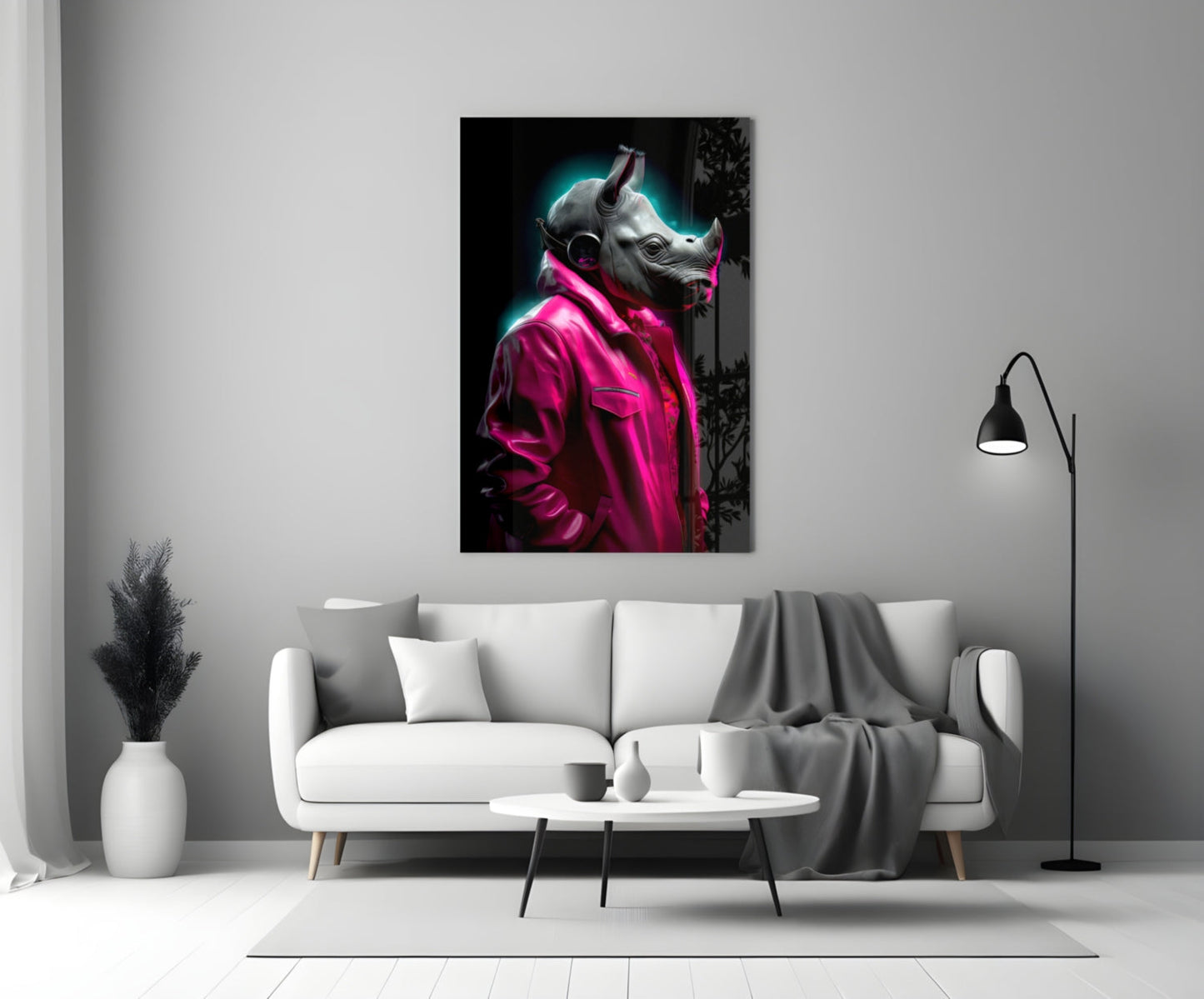 Pink Coat Rhino Neon Glow Glass Wall Art