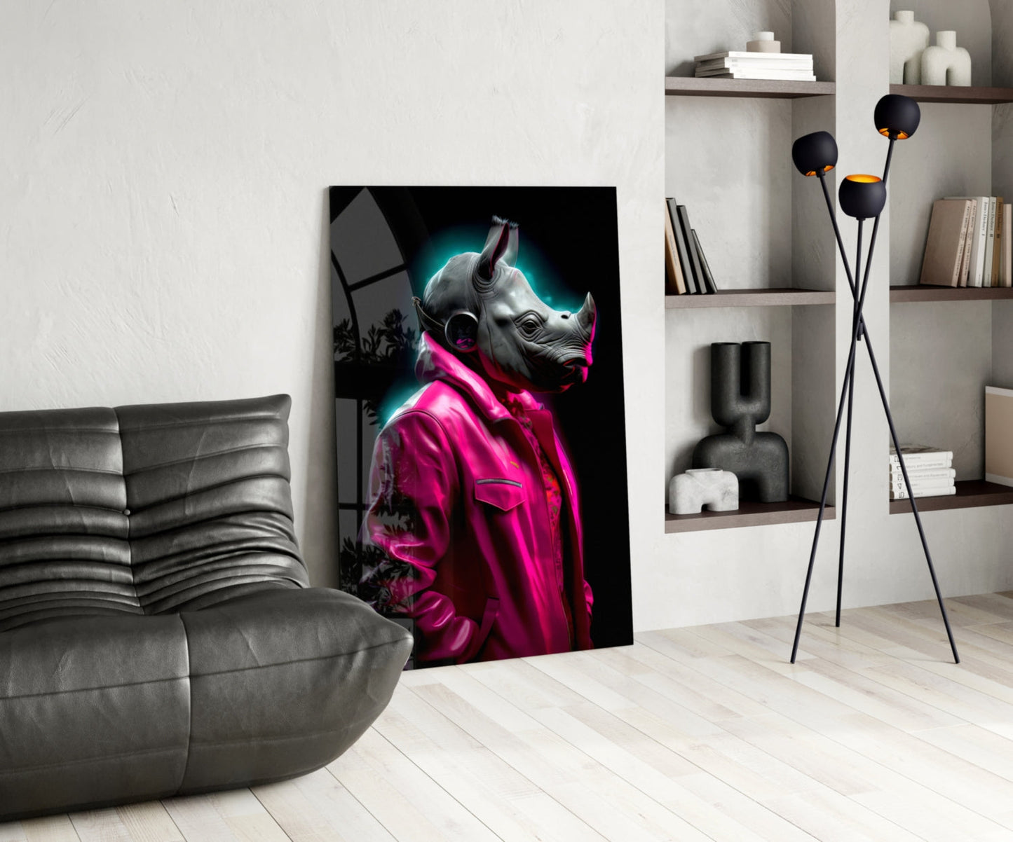 Pink Coat Rhino Neon Glow Glass Wall Art