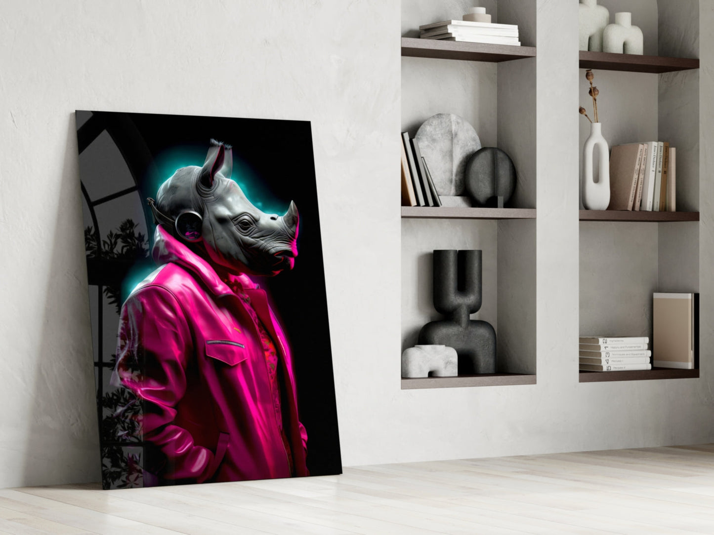 Pink Coat Rhino Neon Glow Glass Wall Art