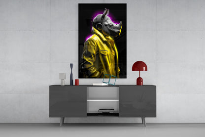 Yellow Coat Rhino Purple Glow Glass Wall Art