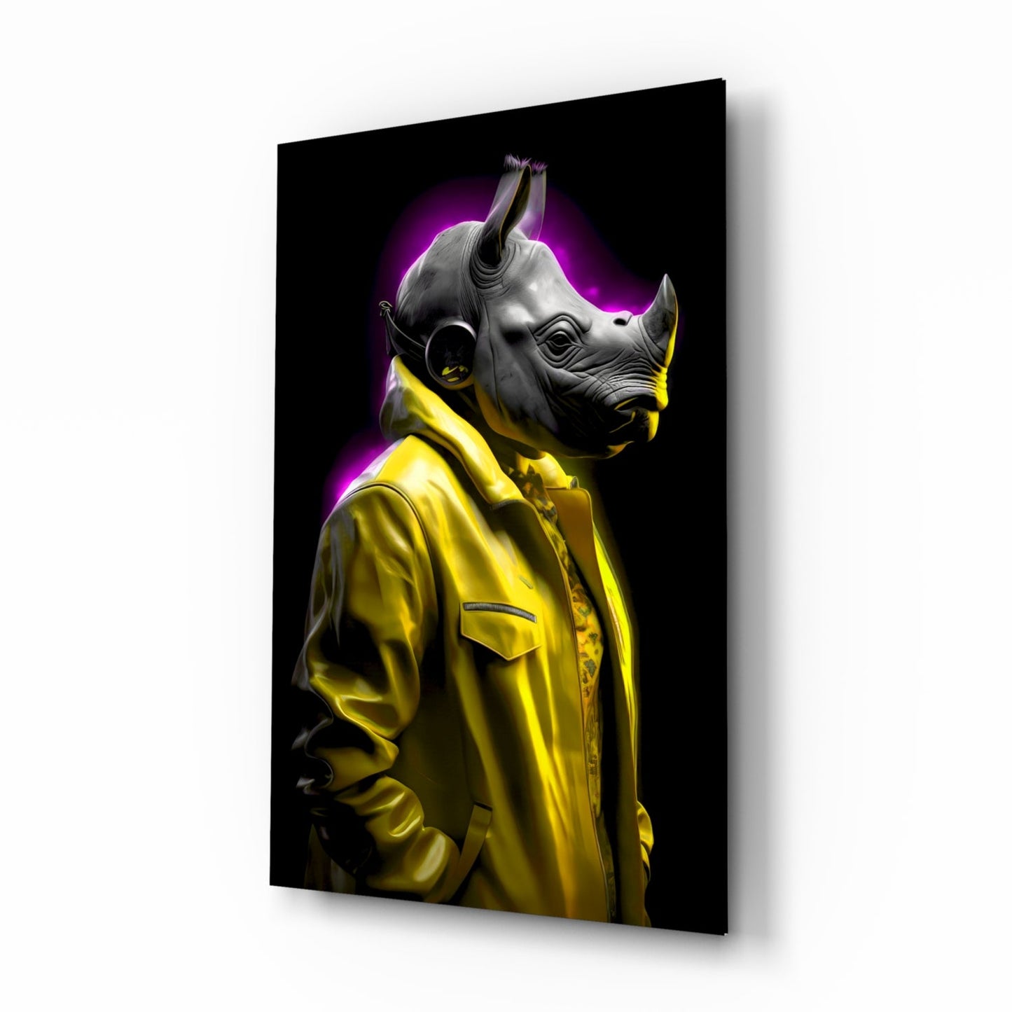Yellow Coat Rhino Purple Glow Glass Wall Art