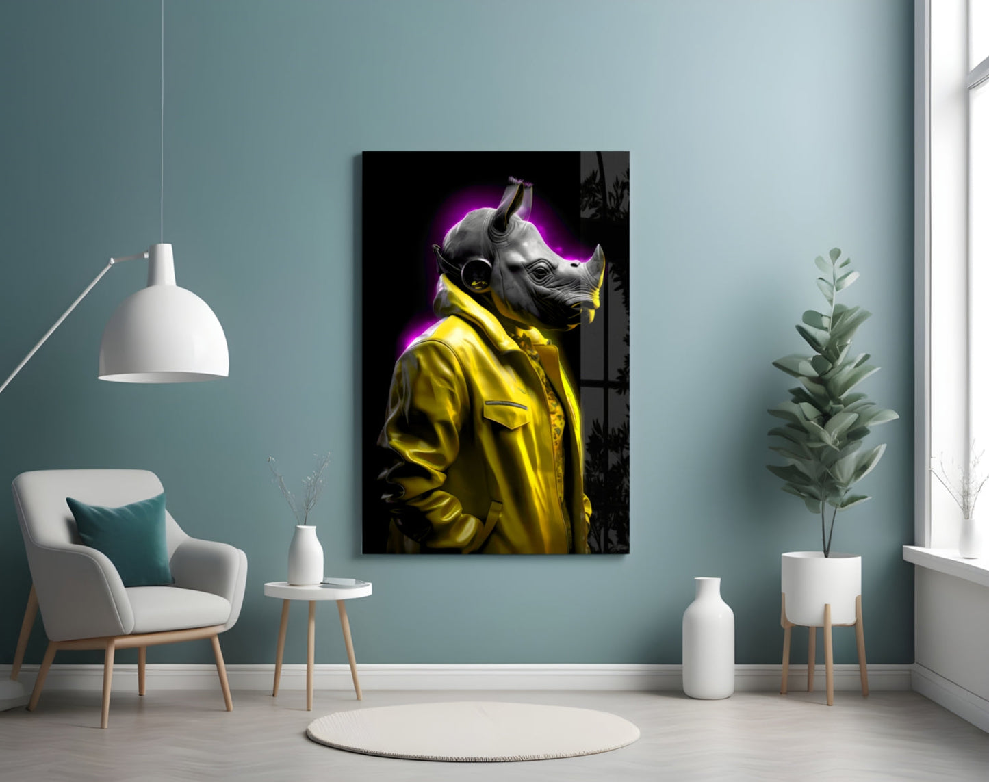 Yellow Coat Rhino Purple Glow Glass Wall Art