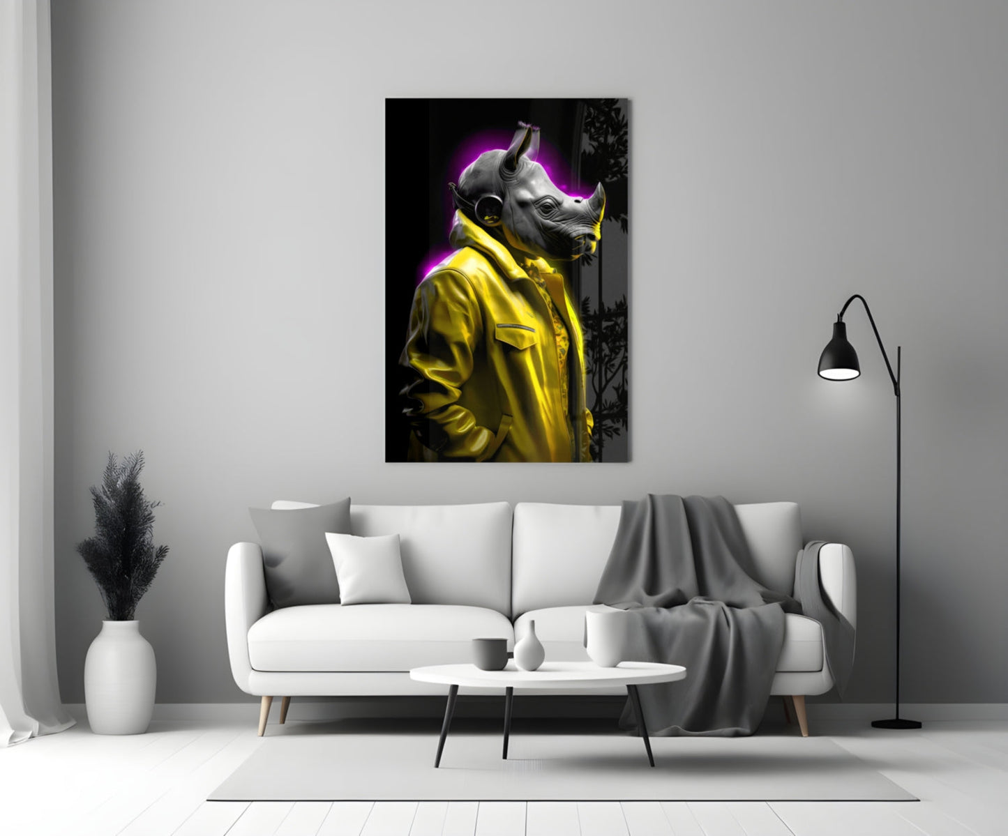 Yellow Coat Rhino Purple Glow Glass Wall Art