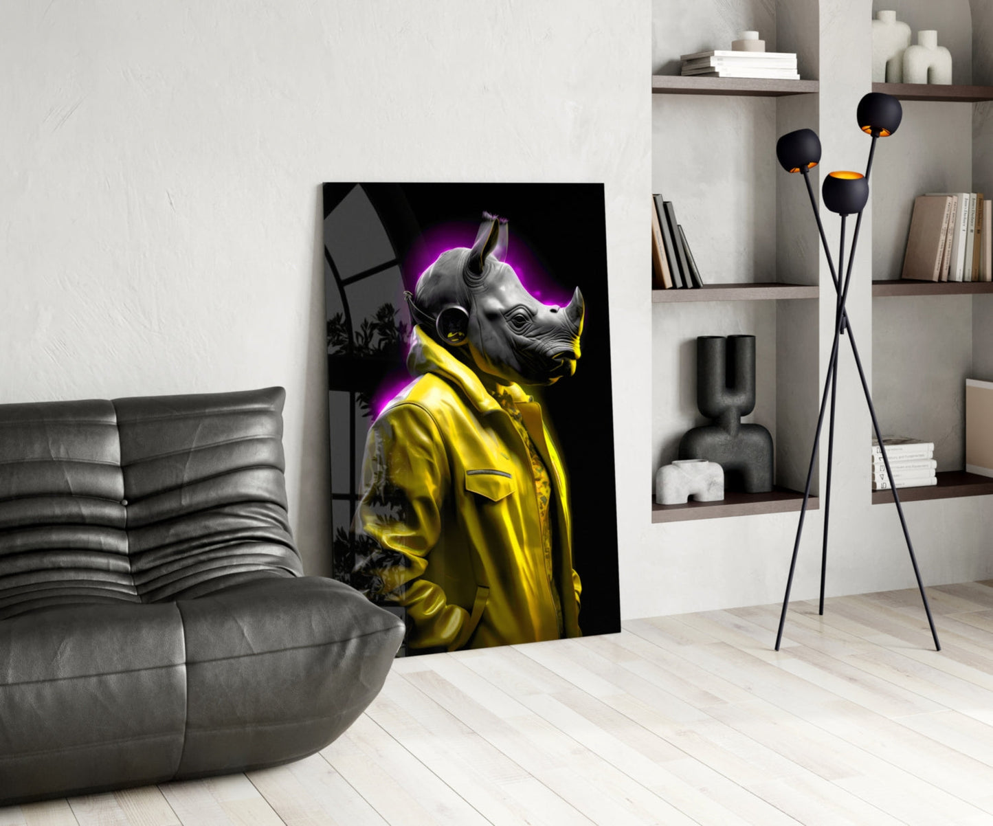 Yellow Coat Rhino Purple Glow Glass Wall Art