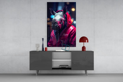 Neon-lit rhino wearing pink jacket displayed on dark console table with red lamp and decorative objects.