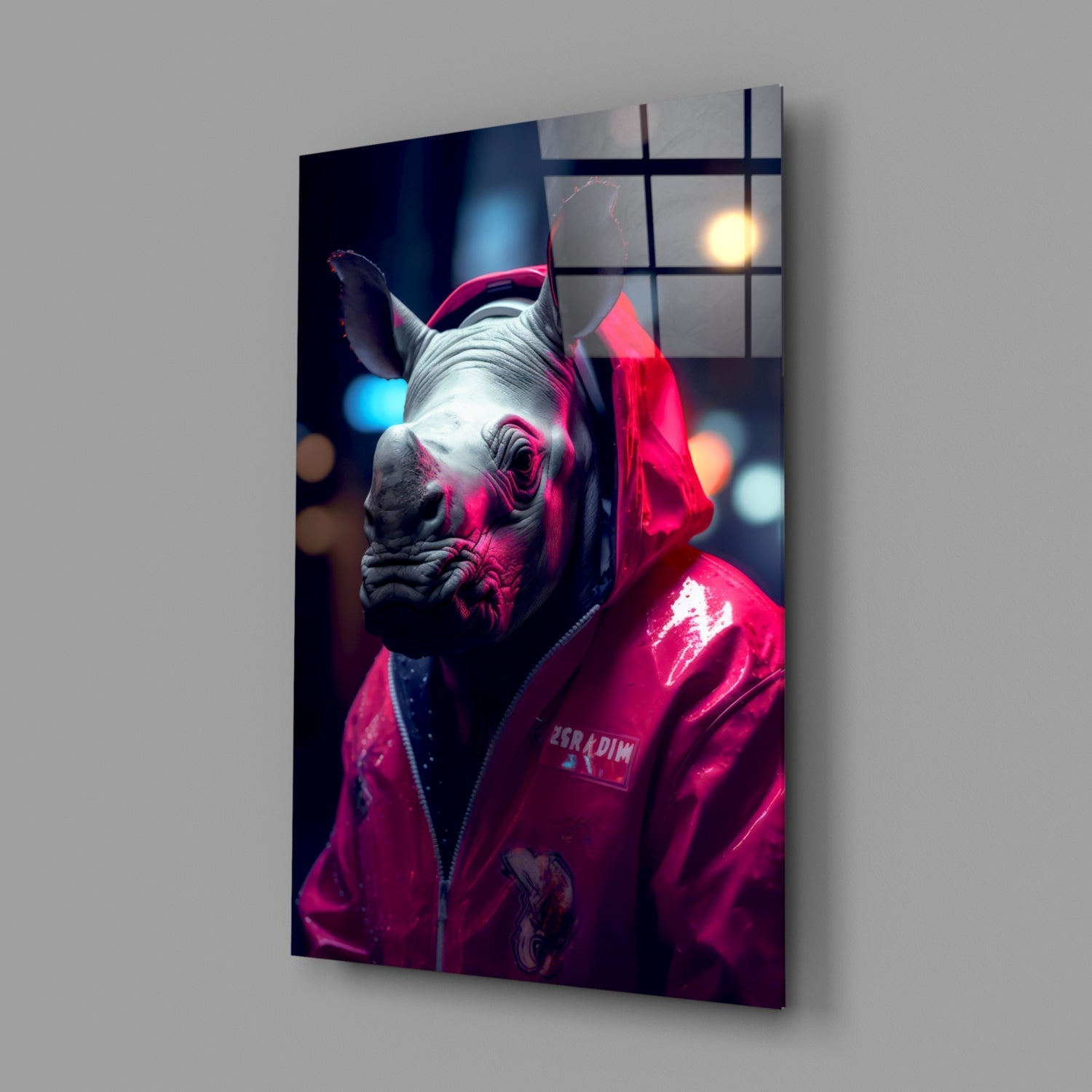 Angled view of glass wall art featuring a rhino in neon pink lighting wearing a red jacket, displayed on gray background.