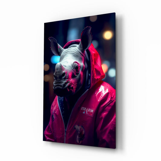 Angled perspective of glass wall art showing a rhino wearing a bright pink jacket against a dark blurred cityscape background with neon lighting.