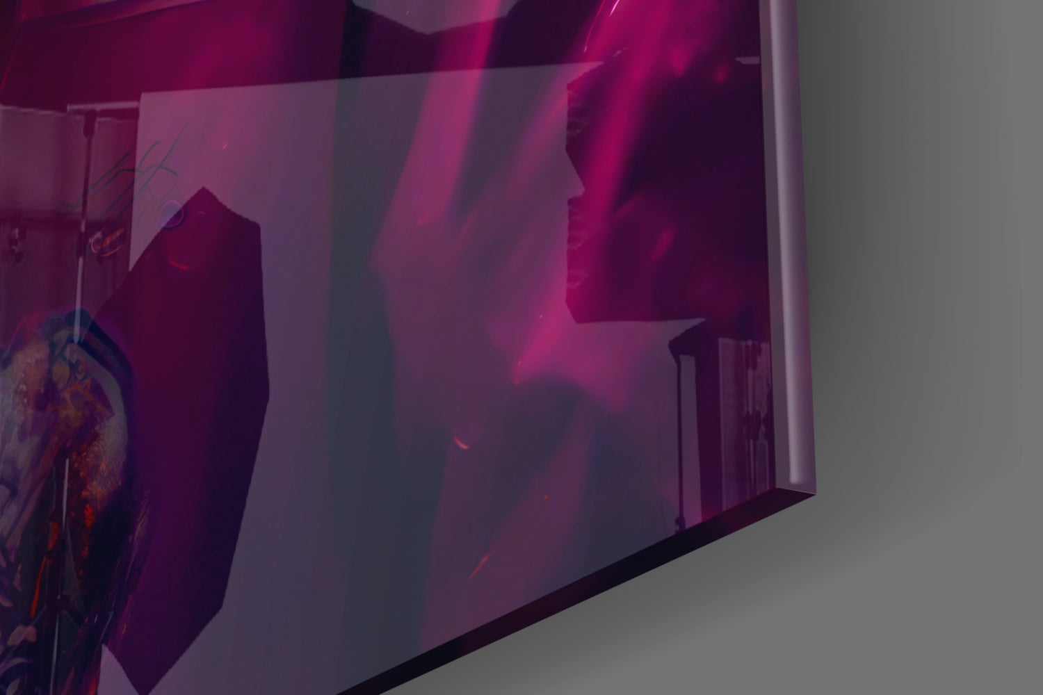 Translucent magenta glass wall art panel with silhouetted rhino design, photographed at angle against white wall.