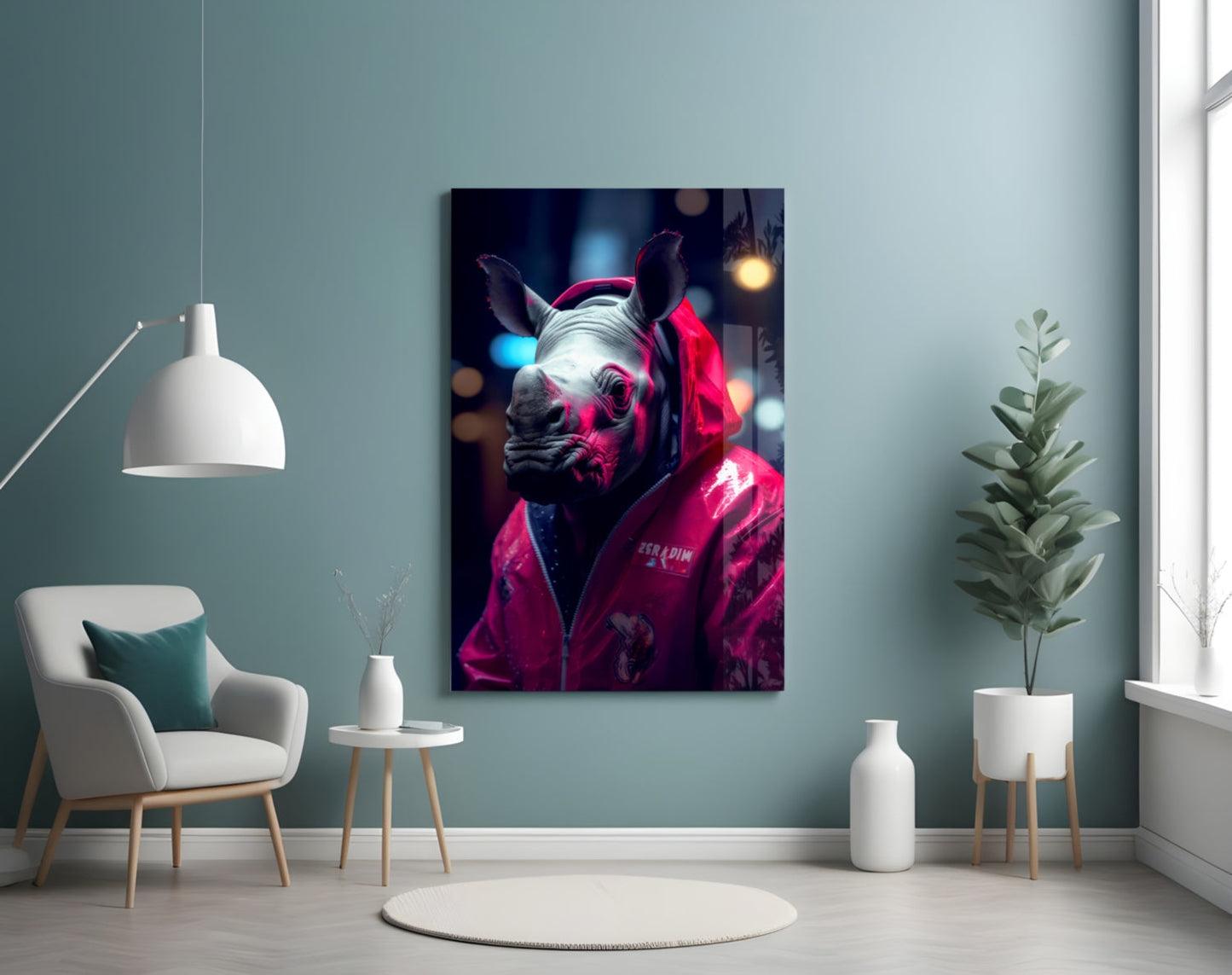 Neon-lit rhino artwork displayed on mist-blue wall above modern chair and potted plants in contemporary living room.