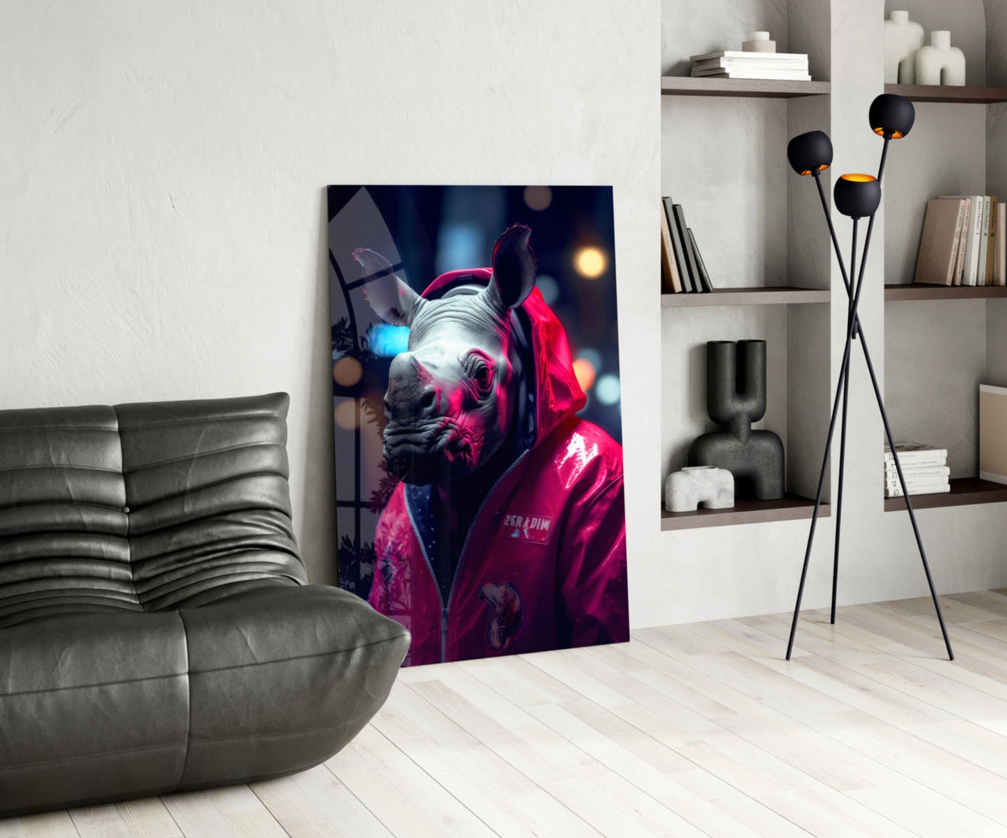 Modern living room displaying neon-lit rhino portrait glass art in pink and blue tones leaning against white wall.