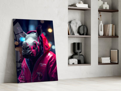 Neon-lit rhinoceros wearing pink jacket leaned against white wall beside shelving unit.
