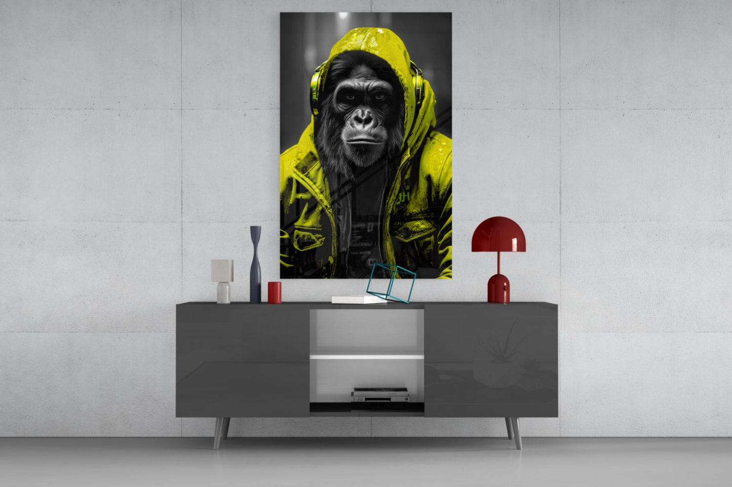 Yellow Raincoat Headphone Gorilla Glass Wall Art