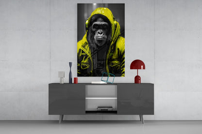 Yellow Raincoat Headphone Gorilla Glass Wall Art