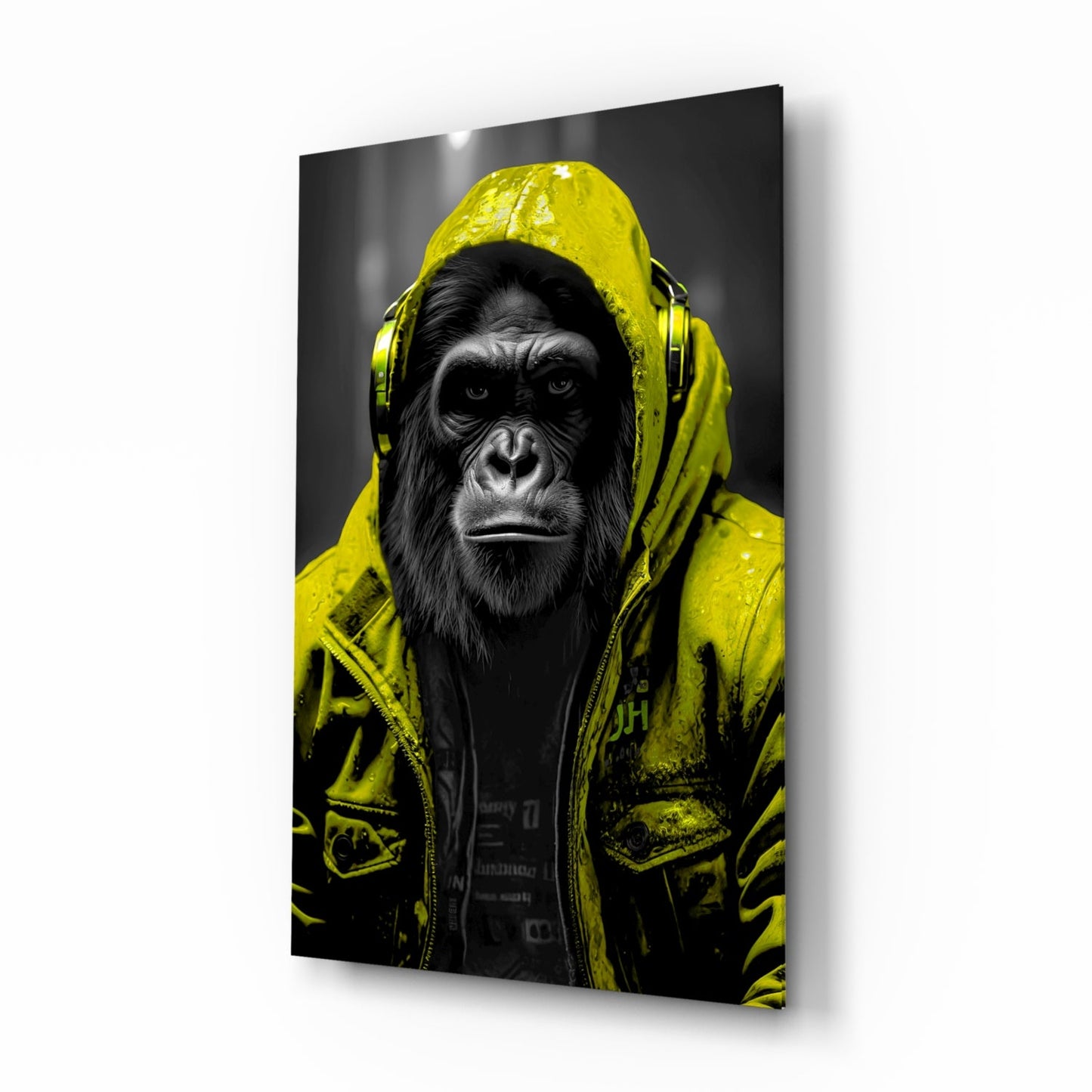 Yellow Raincoat Headphone Gorilla Glass Wall Art