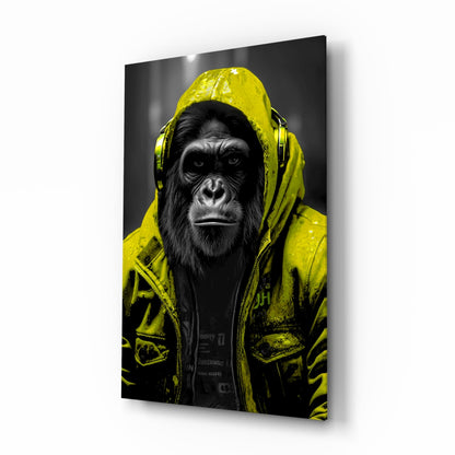 Yellow Raincoat Headphone Gorilla Glass Wall Art