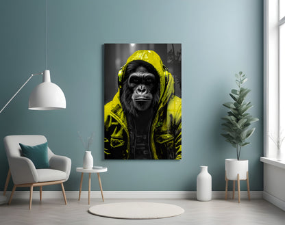 Yellow Raincoat Headphone Gorilla Glass Wall Art